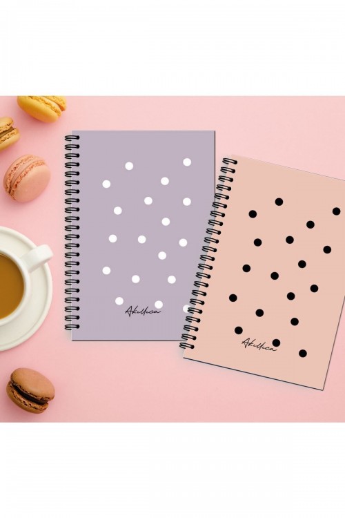2'li Noktalı Defter Seti 13 X 20 Cm 56 Yaprak Karton Kapak Spiralli Defter Mor+pudra Bullet Journal