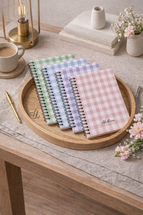 A5 4'lü Spiralli Kareli Okul Defter Seti - Pastel Checkered Desenli 56 Yaprak Karton Kapak