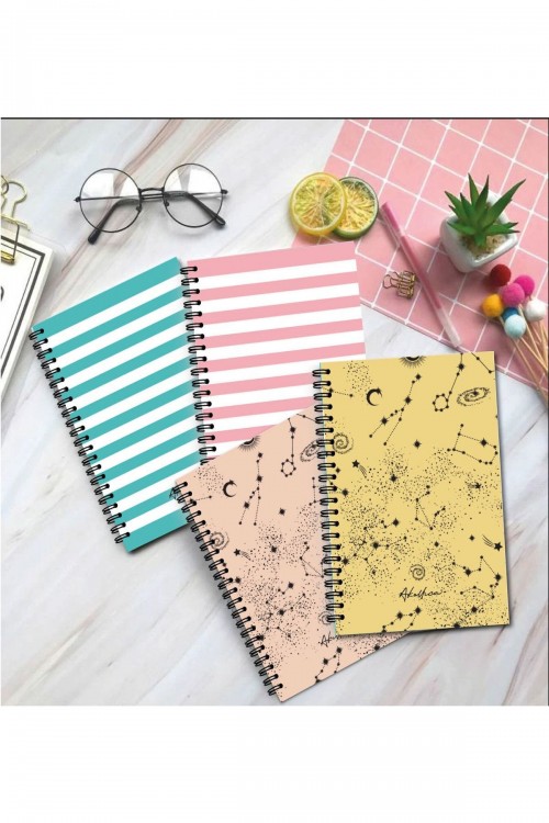 4'lü Çizgili Defter Seti 13 X 20 Cm 56 Yaprak Karton Kapak Spiralli Defter Notebook Line Sky Series
